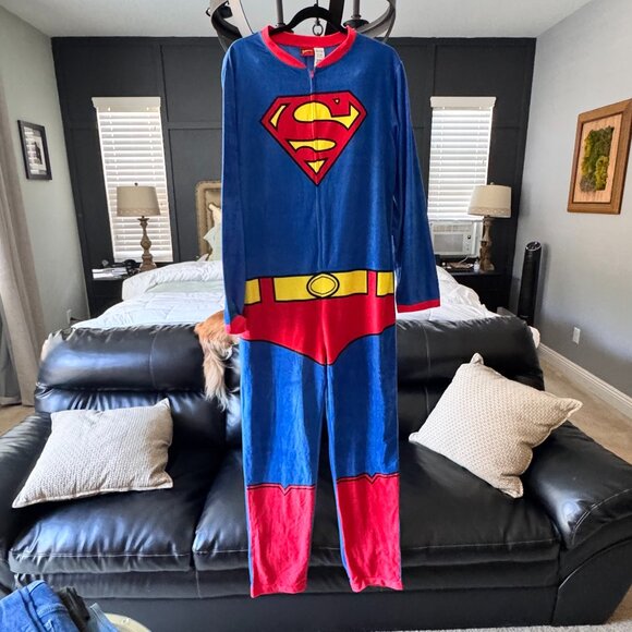 Superman Adult Pajamas Large Blue Red Fleece Costume DC Comics Sleepwear - Picture 1 of 6